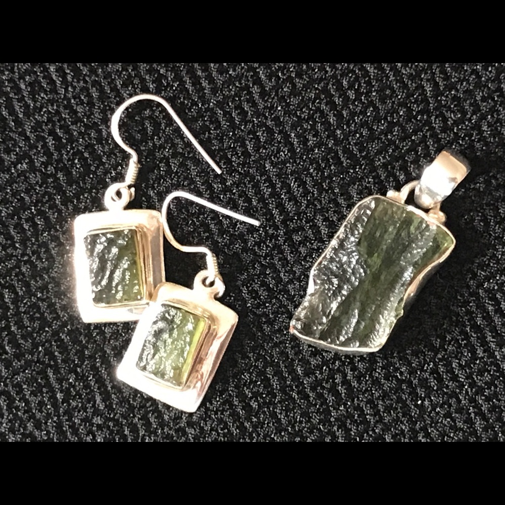 Moldavite Sterling Silver Pendant and Earrings